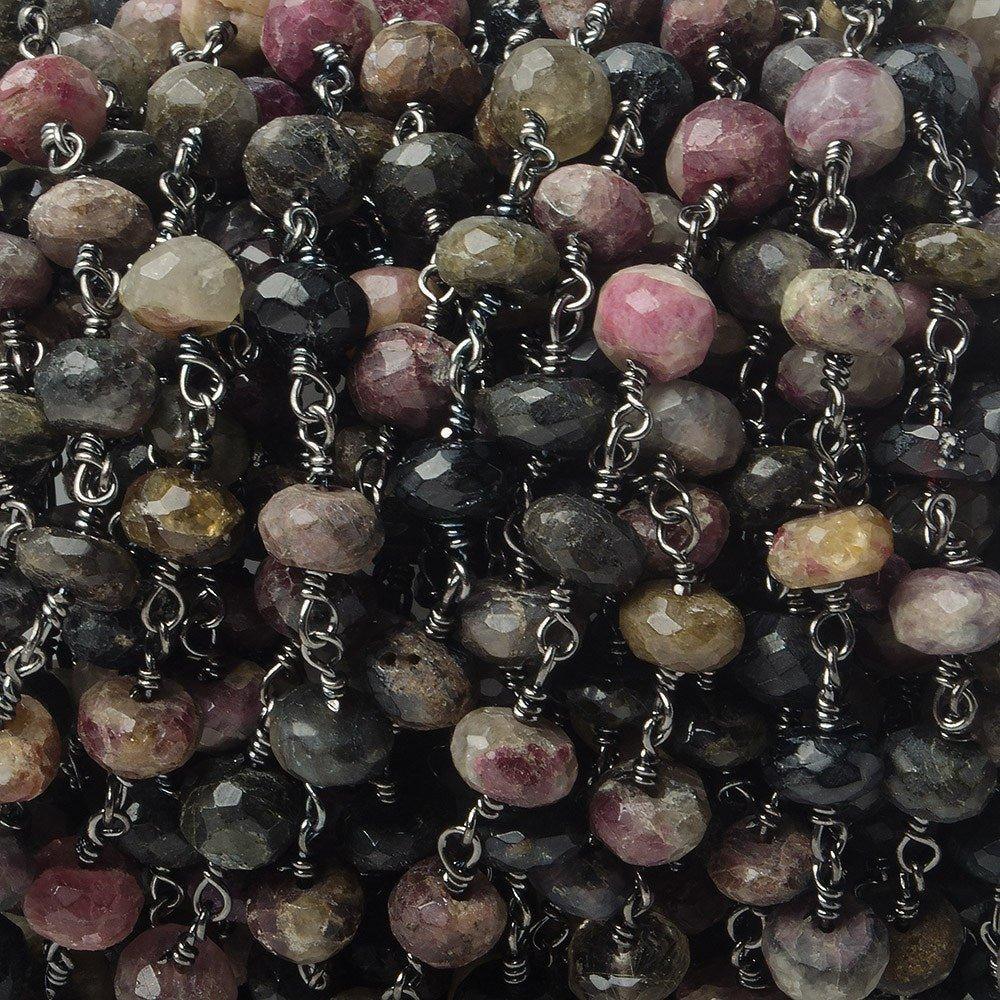7.5mm Multi Color Tourmaline faceted rondelle Black Gold plated Chain by the foot 25 beads - The Bead Traders