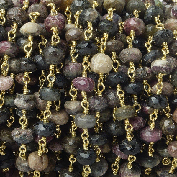 7.5mm Multi Color Tourmaline faceted rondelle Gold plated Chain by the foot 25 beads