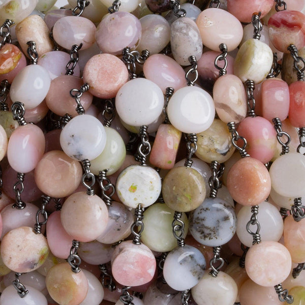 7.5mm Pink Peruvian Opal Coins Black Gold Chain 24 beads