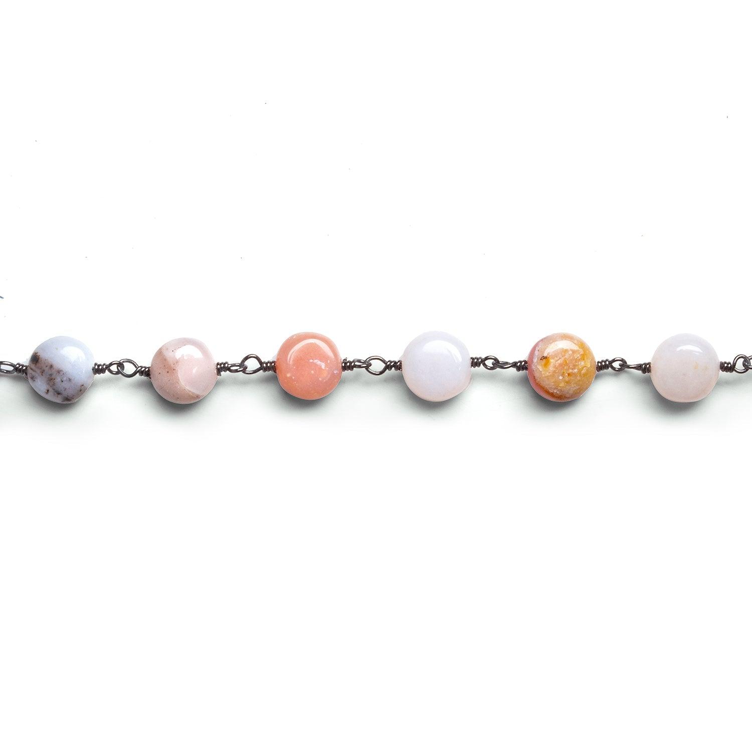 7.5mm Pink Peruvian Opal Coins Black Gold Chain 24 beads - The Bead Traders