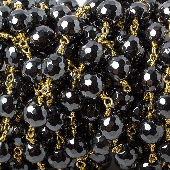 7.8mm Hematite faceted round Gold plated chain by the foot 21 pieces - The Bead Traders