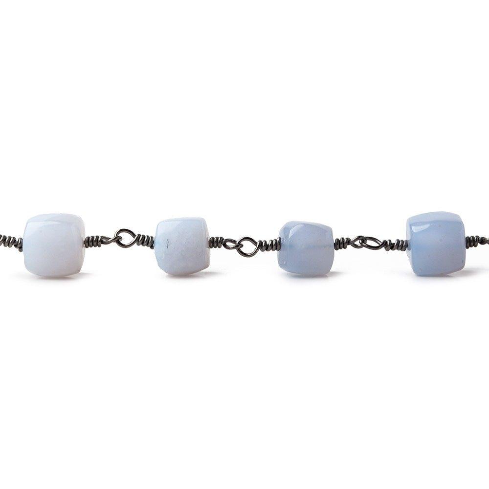 7mm-8.5mm Turkish Blue Chalcedony Plain Cube Black Gold plated Chain by the foot - The Bead Traders