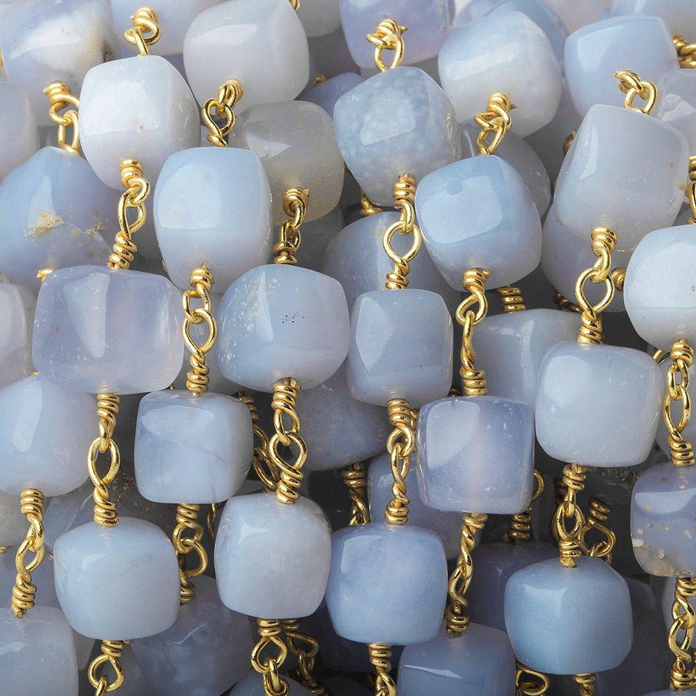 7mm-8.5mm Turkish Blue Chalcedony Plain Cube Gold plated Chain by the foot - The Bead Traders