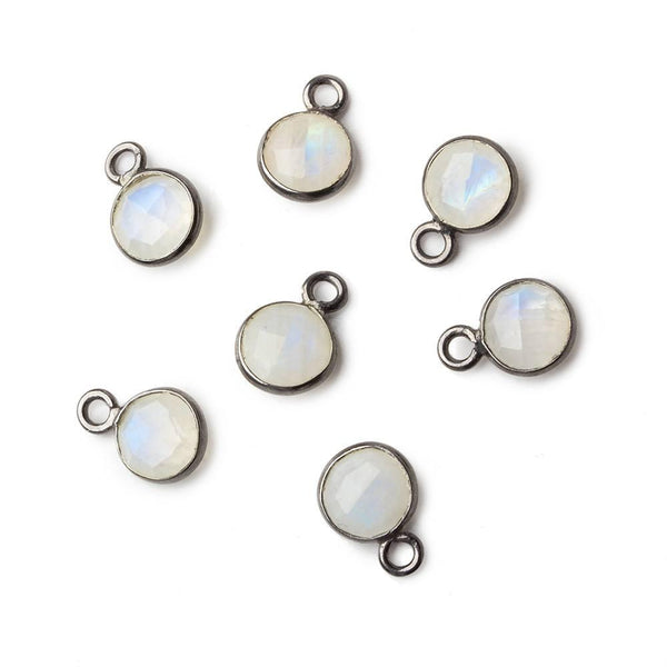 7mm Black Gold .925 Bezel Rainbow Moonstone faceted coin Pendant 4 pcs