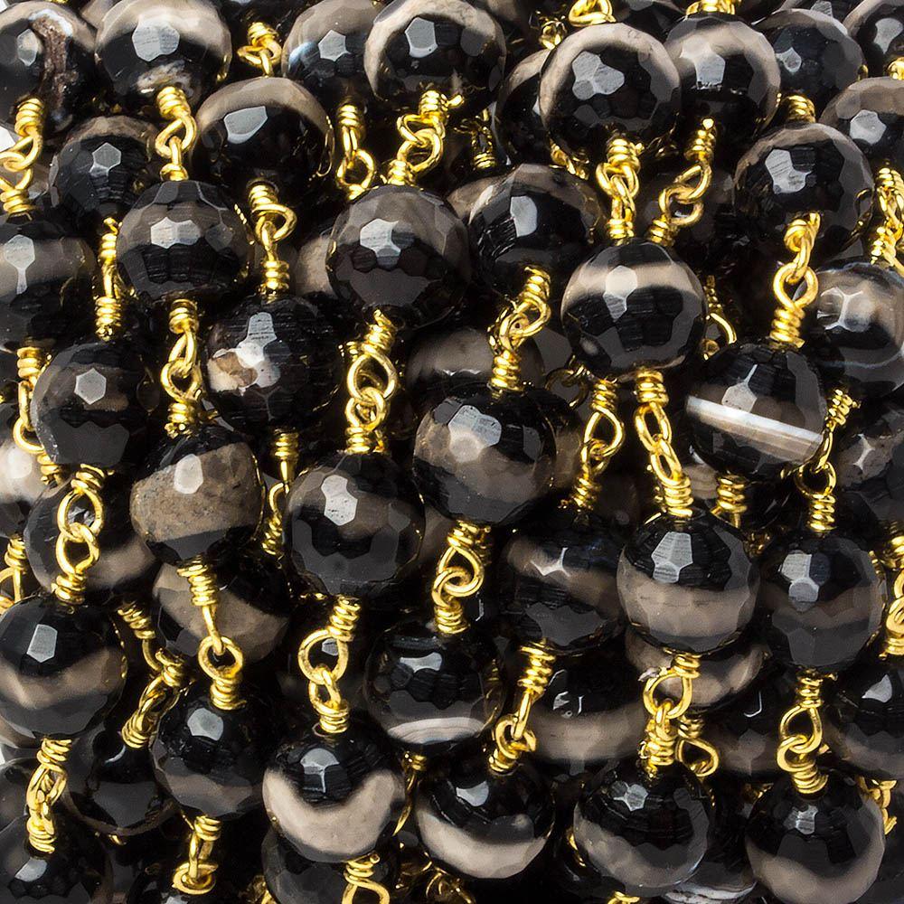 7mm Black & White Tibetan Agate round Gold plated Chain by the foot with 22 pcs - The Bead Traders