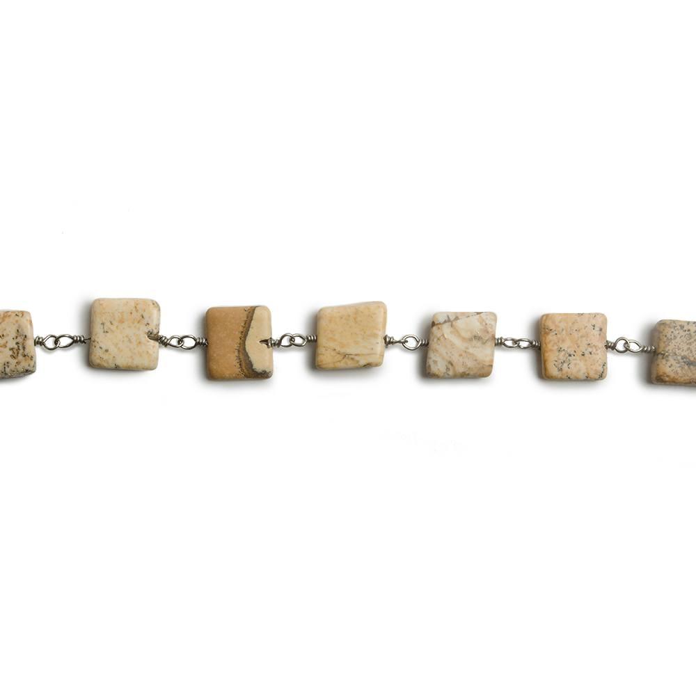 7mm Picture Jasper Plain Square Black Gold plated Chain by the foot 21 beads - The Bead Traders