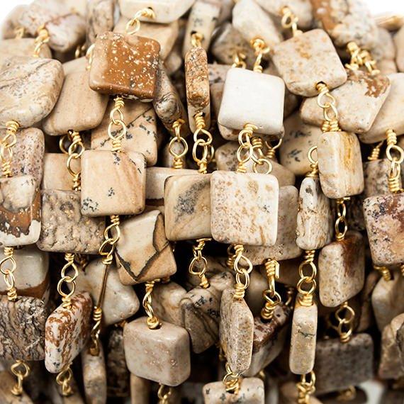 7mm Picture Jasper Plain Square Gold plated Chain by the foot - The Bead Traders