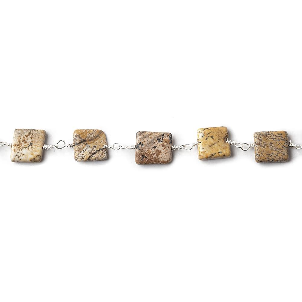 7mm Picture Jasper Plain Square Silver plated Chain by the foot 21 beads - The Bead Traders