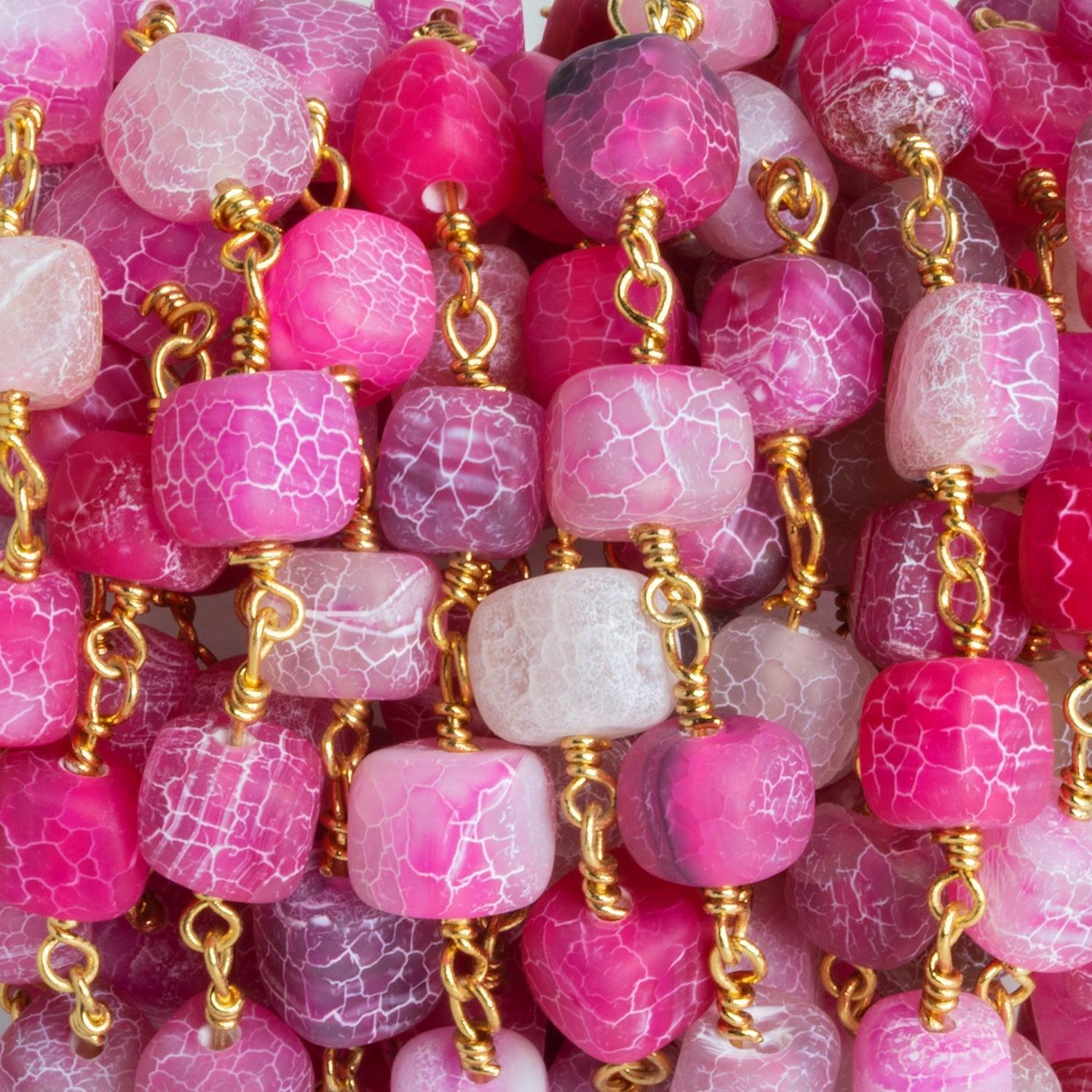 7mm Pink Cracked Agate Cubes Gold Chain 21 pieces - The Bead Traders