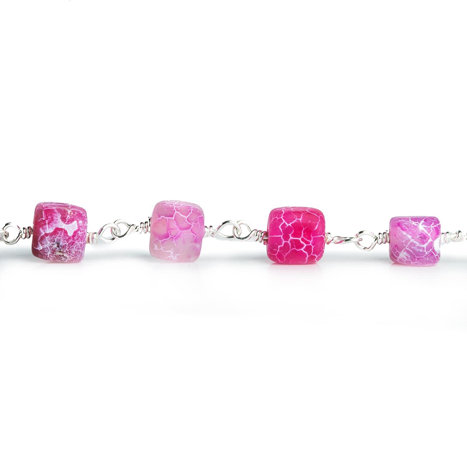 7mm Pink Cracked Agate Cubes Silver Chain 21 pieces - The Bead Traders