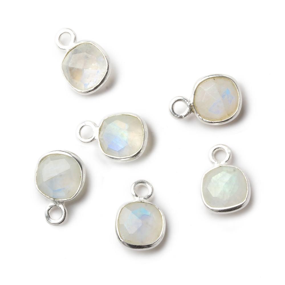 7mm Silver .925 Bezel Rainbow Moonstone faceted cushion focal Pendants Set of 4 pieces - The Bead Traders