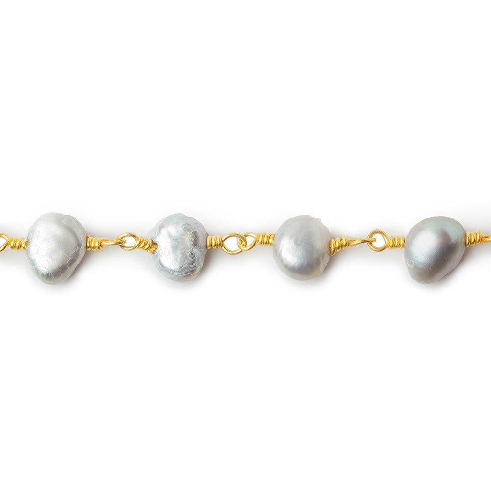 7x5-8x5mm Silver Baroque Freshwater Pearl Gold plated Chain by the foot 26 pieces - The Bead Traders