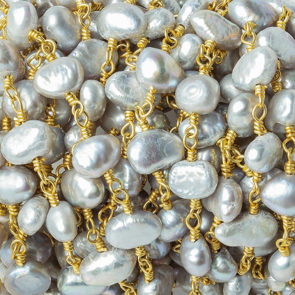 7x5-8x5mm Silver Baroque Freshwater Pearl Gold plated Chain by the foot 26 pieces - The Bead Traders