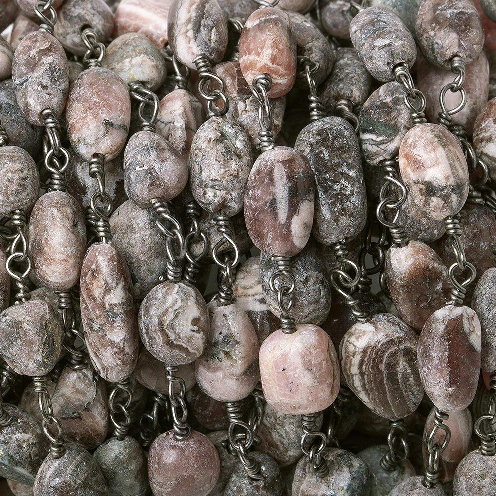 7x5-9x6mm Matte Chocolate Rhodocrosite plain nugget Black Gold plated Chain by the foot - The Bead Traders