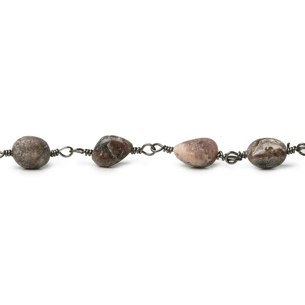 7x5-9x6mm Matte Chocolate Rhodocrosite plain nugget Black Gold plated Chain by the foot - The Bead Traders