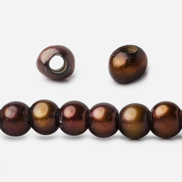 6x5mm Chestnut Brown Large Hole Off Round Freshwater Pearl Strand 75 pieces