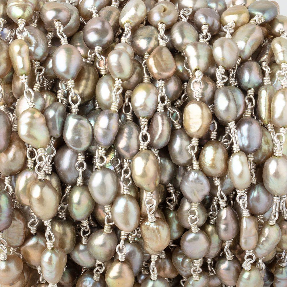 7x5mm Sage Oval Freshwater Pearls Silver Chain - The Bead Traders