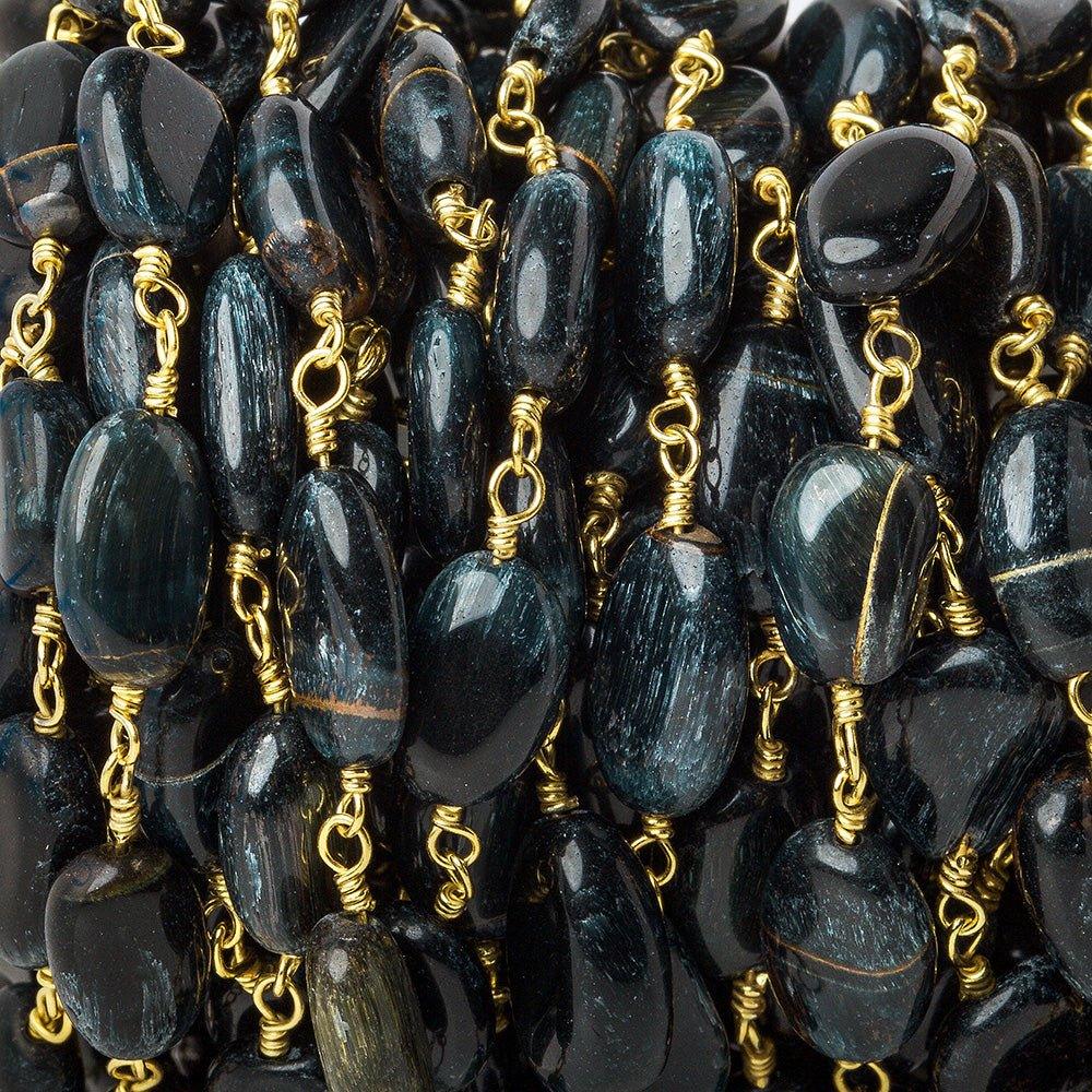 7x6-11x7mm Black Tiger's Eye plain oval nugget Gold Chain by the foot 19 pieces - The Bead Traders