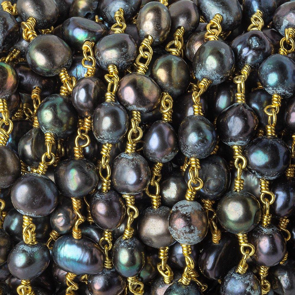 7x6mm Peacock Baroque Freshwater Pearl Gold plated Chain by the foot 25 pieces - The Bead Traders
