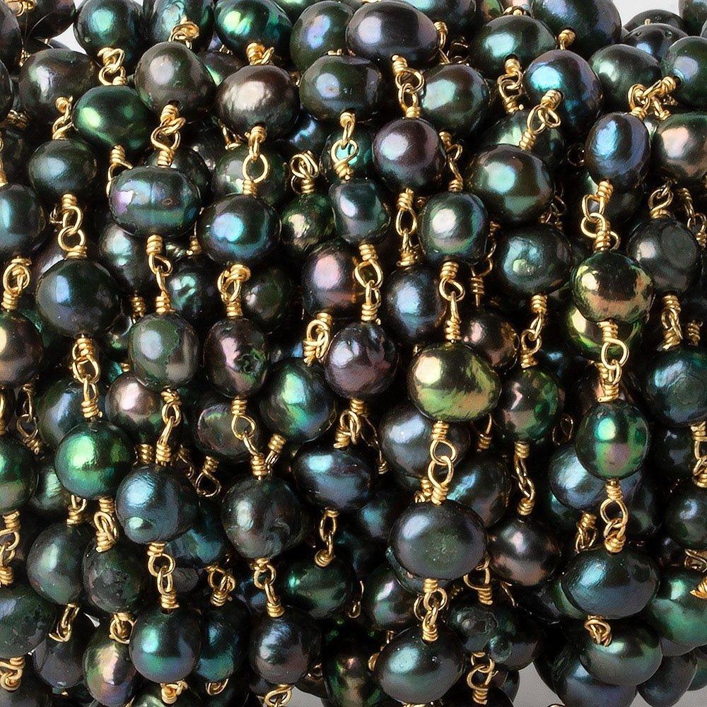 7x6mm Peacock Baroque Freshwater Pearl Gold plated Chain by the foot 28 pcs - The Bead Traders