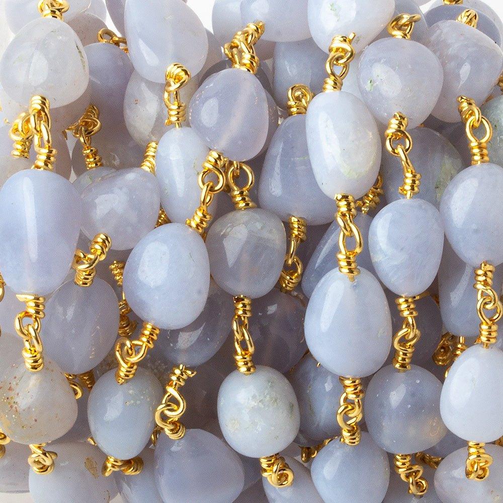 7x7mm-11x7mm Turkish Blue Chalcedony plain nugget Gold plated Chain by the foot 19 pieces - The Bead Traders