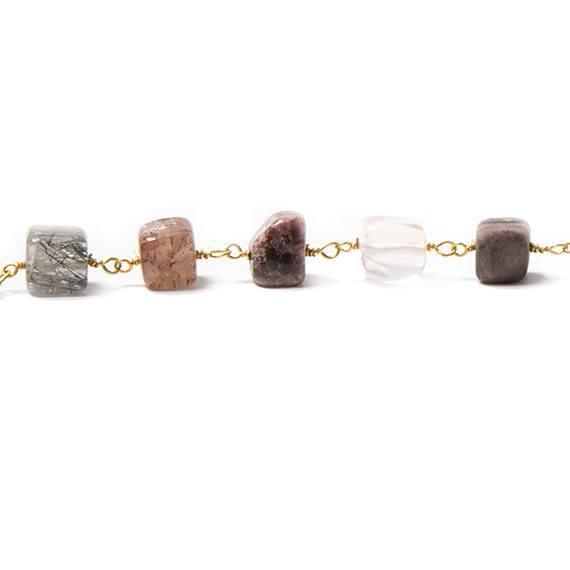 7x7mm Multi Gemstone plain cube Gold Chain sold by the foot - The Bead Traders