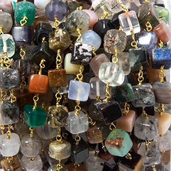 7x7mm Multi Gemstone plain cube Gold Chain sold by the foot - The Bead Traders