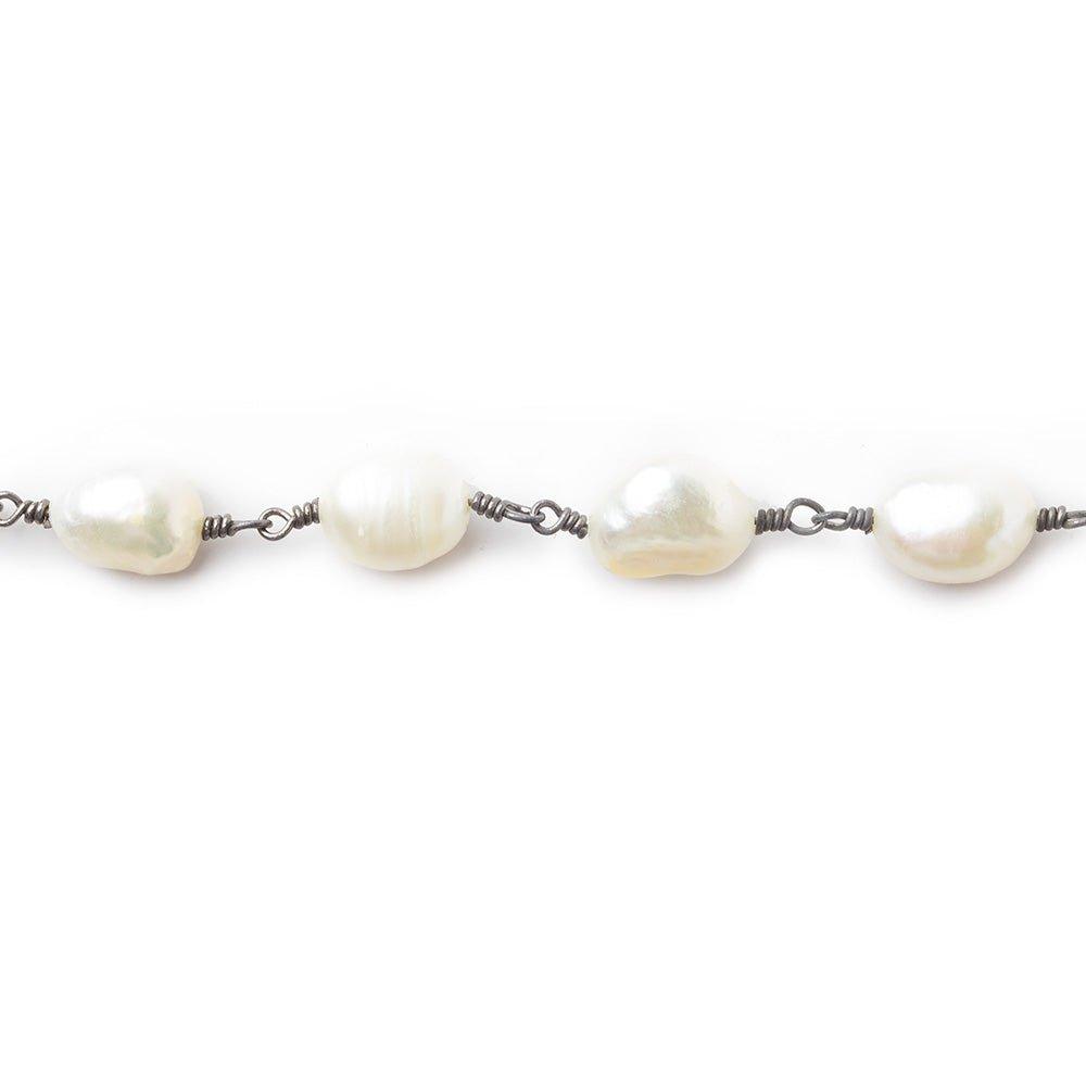 7x9-7x10mm Off White straight drill Baroque Pearl Black Gold plated Chain by the foot 19 pieces - The Bead Traders