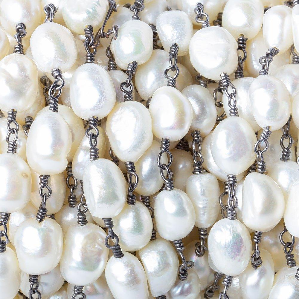 7x9-7x10mm Off White straight drill Baroque Pearl Black Gold plated Chain by the foot 19 pieces - The Bead Traders