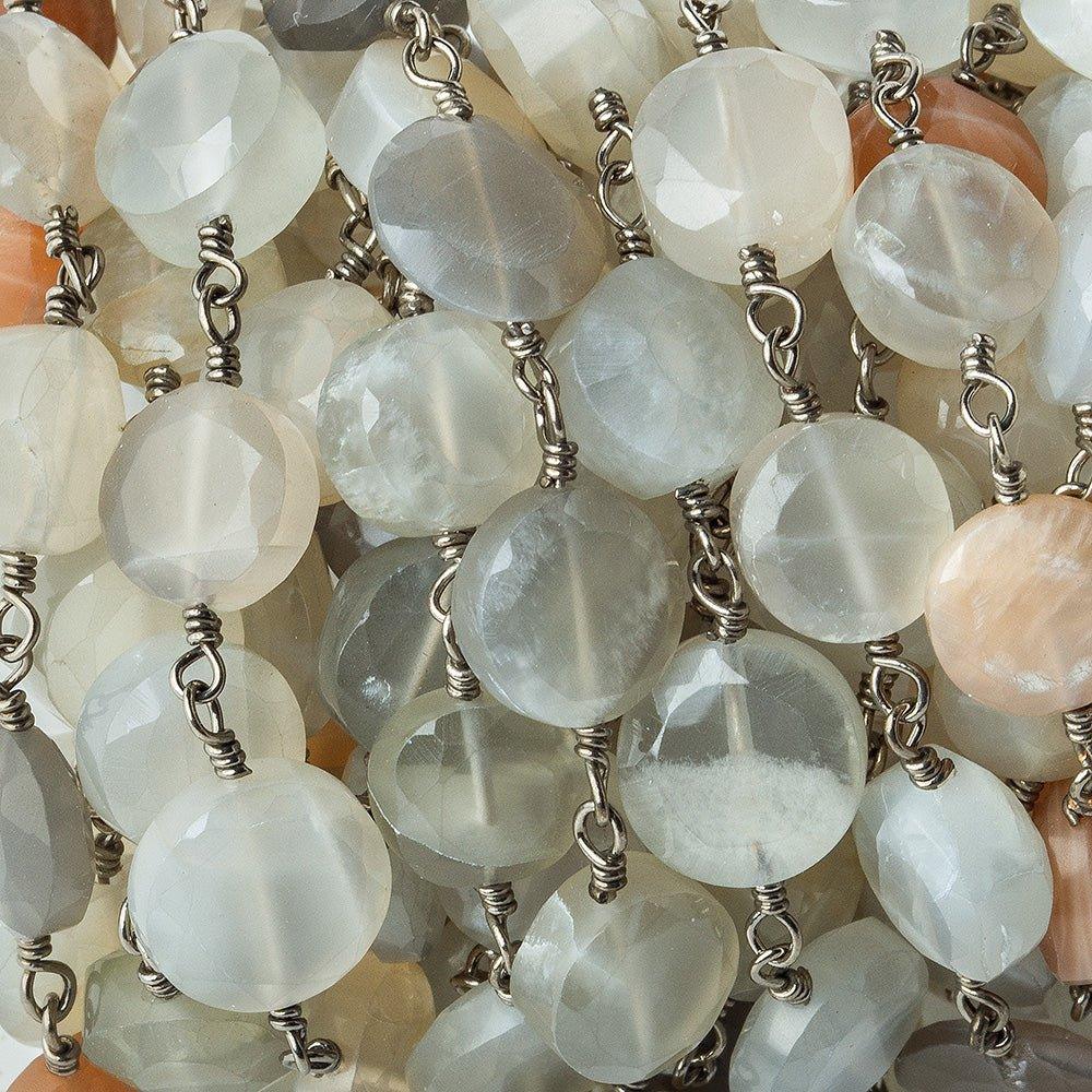 8-9mm Multi Color Moonstone faceted coin Black Gold plated Chain by the foot 21 pieces - The Bead Traders