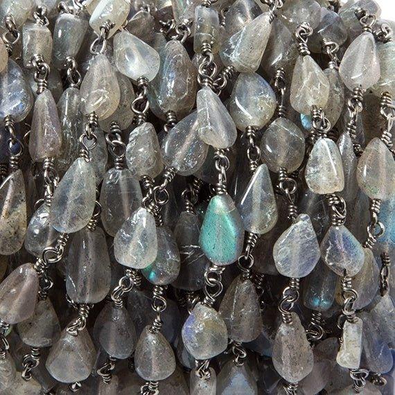 8.5x6.5mm Labradorite plain pear Black Gold Chain sold by the foot - The Bead Traders
