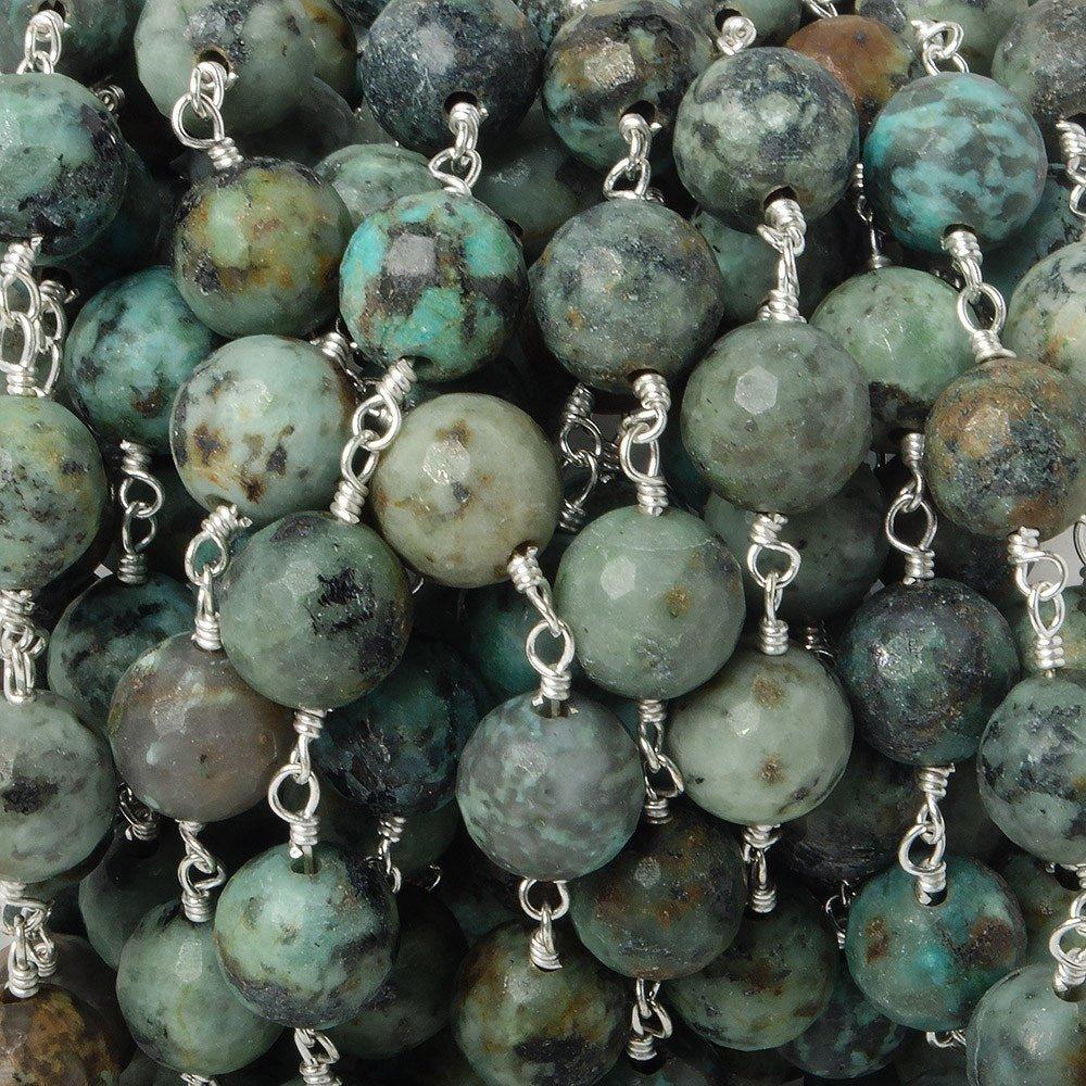 8mm African Turquoise Jasper faceted round Silver plated Chain by the foot 21 pieces - The Bead Traders