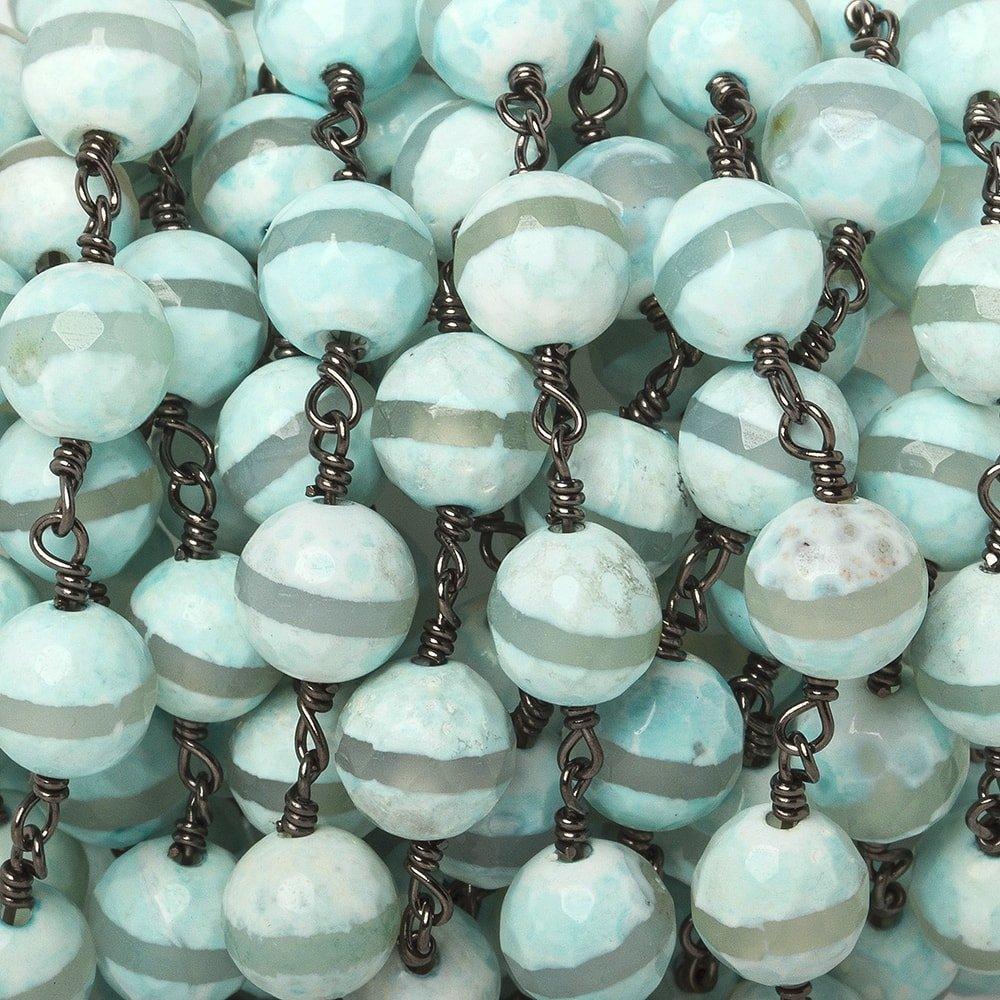 8mm Aqua Tibetan Agate faceted round Black Gold Chain by the foot 21 beads - The Bead Traders