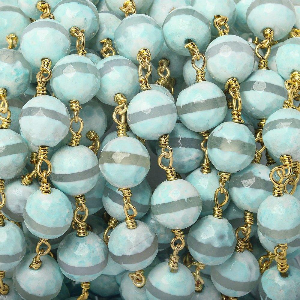 8mm Aqua Tibetan Agate faceted round Gold Chain by the foot 21 beads - The Bead Traders