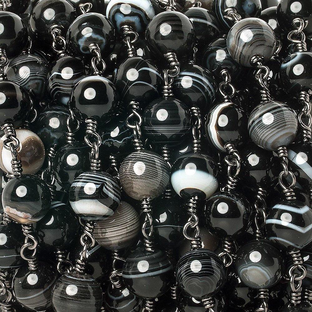 8mm Black Banded Agate plain round Black Gold Chain by the foot 19 pieces - The Bead Traders