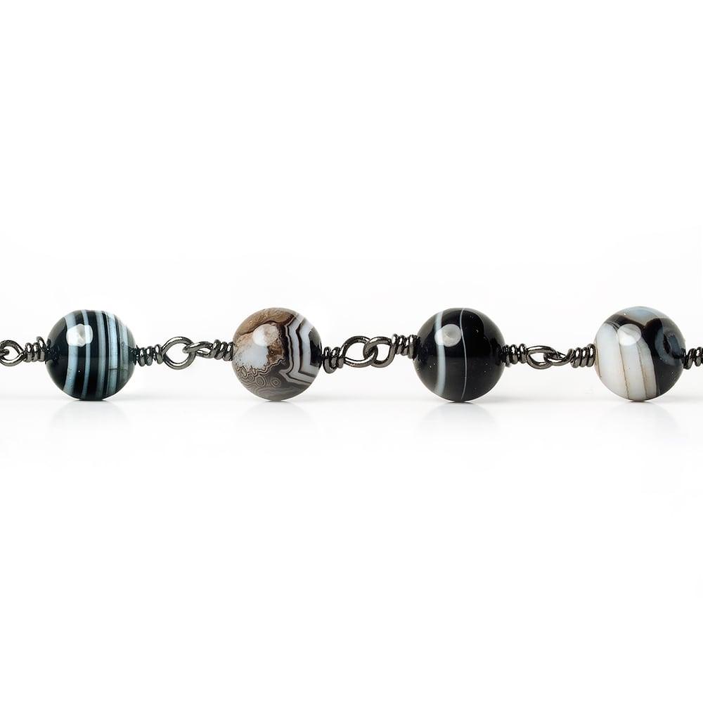 8mm Black Banded Agate plain round Black Gold Chain by the foot 19 pieces - The Bead Traders