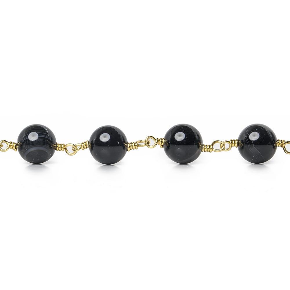 8mm Black Banded Agate plain round Gold Chain by the foot 21 beads - The Bead Traders