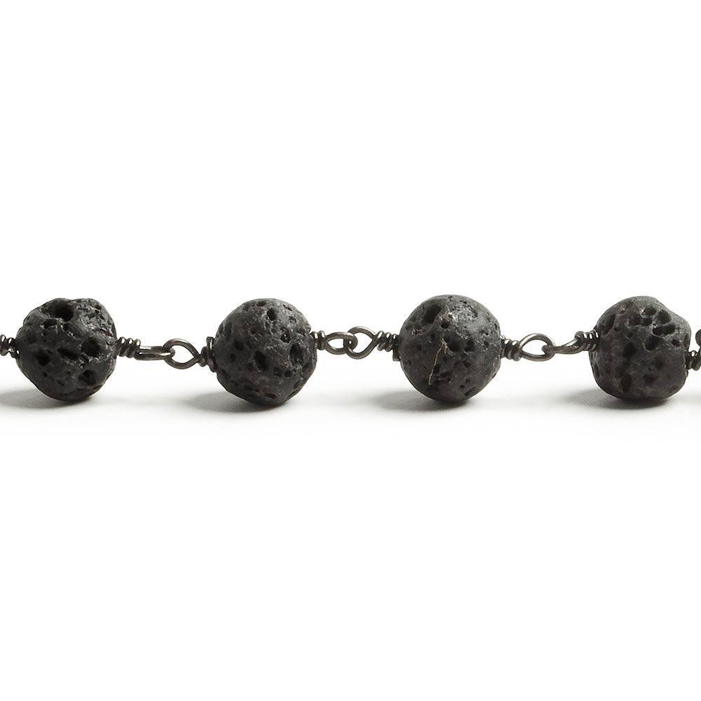 8mm Black Lava Rock unwaxed plain round Black Gold plated Chain by the foot with 21 pieces - The Bead Traders