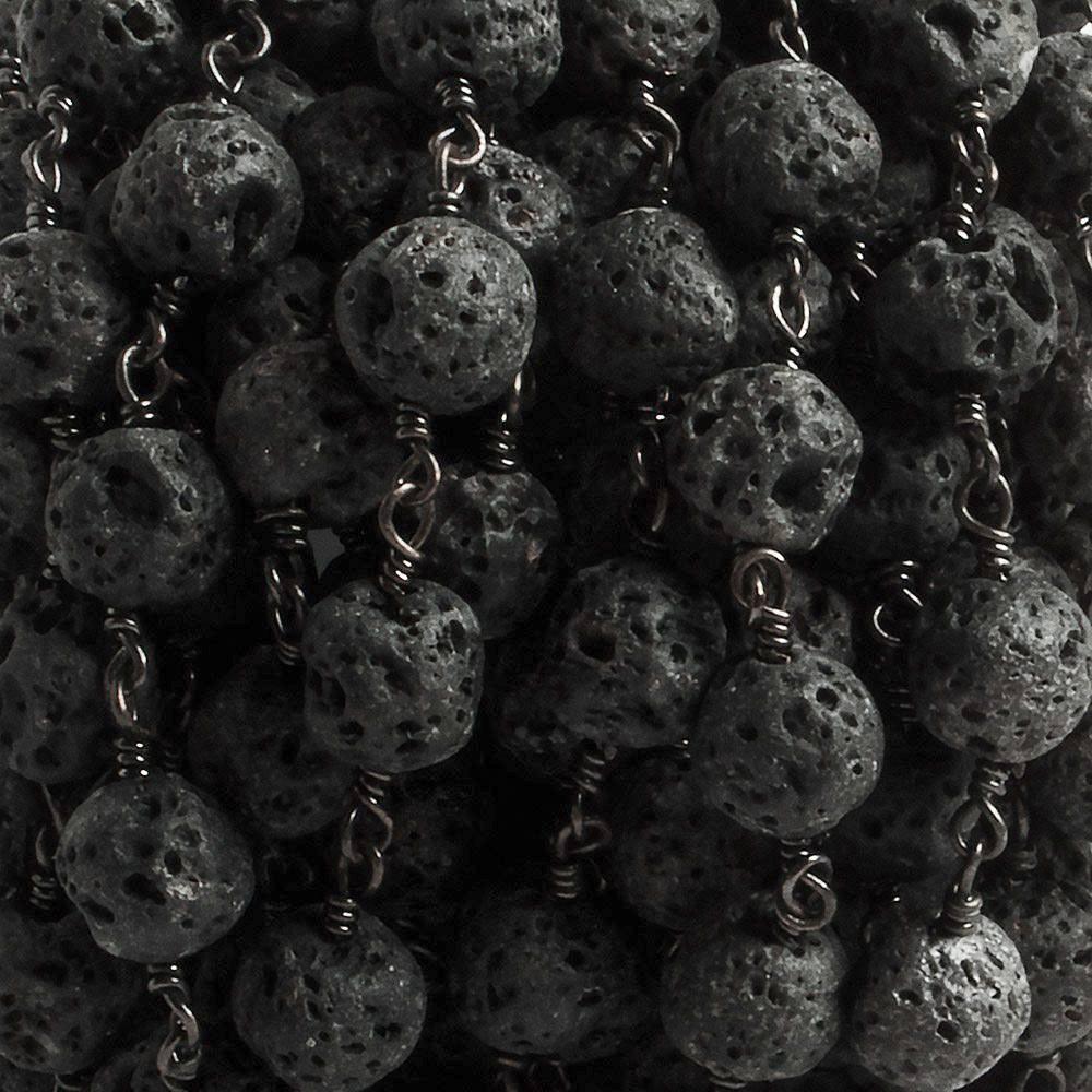 8mm Black Lava Rock unwaxed plain round Black Gold plated Chain by the foot with 21 pieces - The Bead Traders