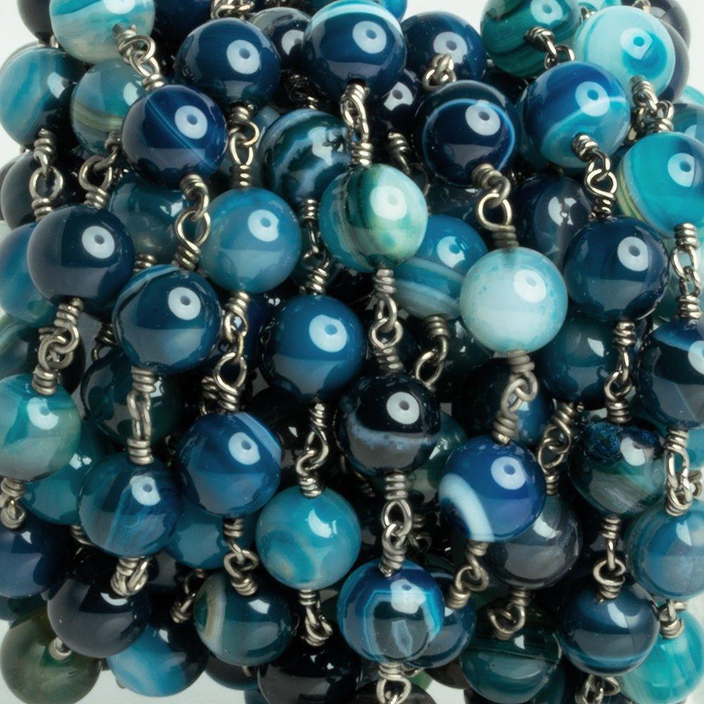 8mm Blue Agate Plain Rounds Black Gold Chain 22 pieces - The Bead Traders