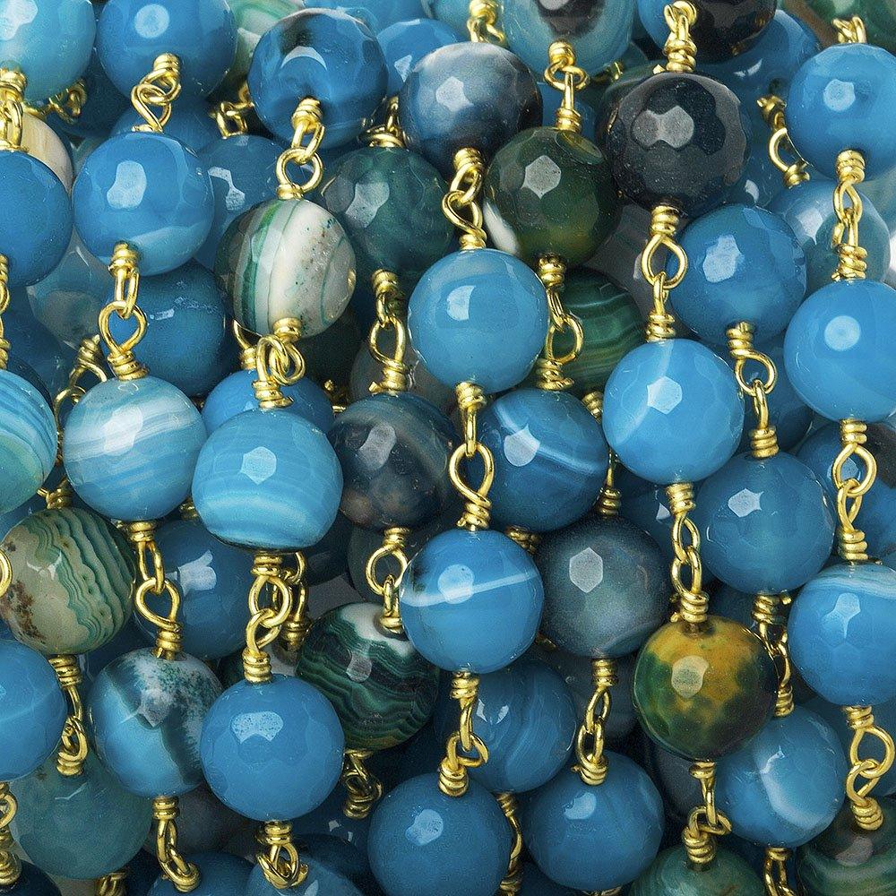8mm Blues Banded Agate faceted round Gold Chain by the foot 21 beads - The Bead Traders