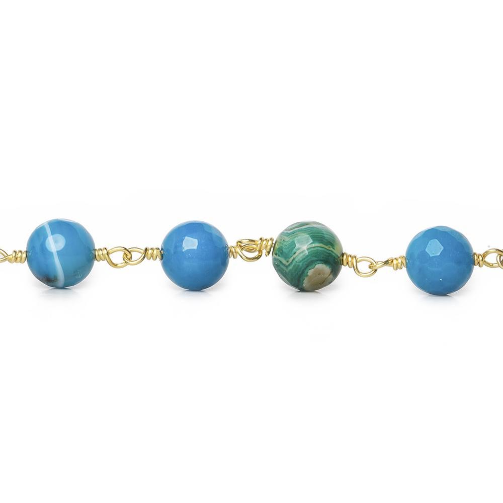 8mm Blues Banded Agate faceted round Gold Chain by the foot 21 beads - The Bead Traders