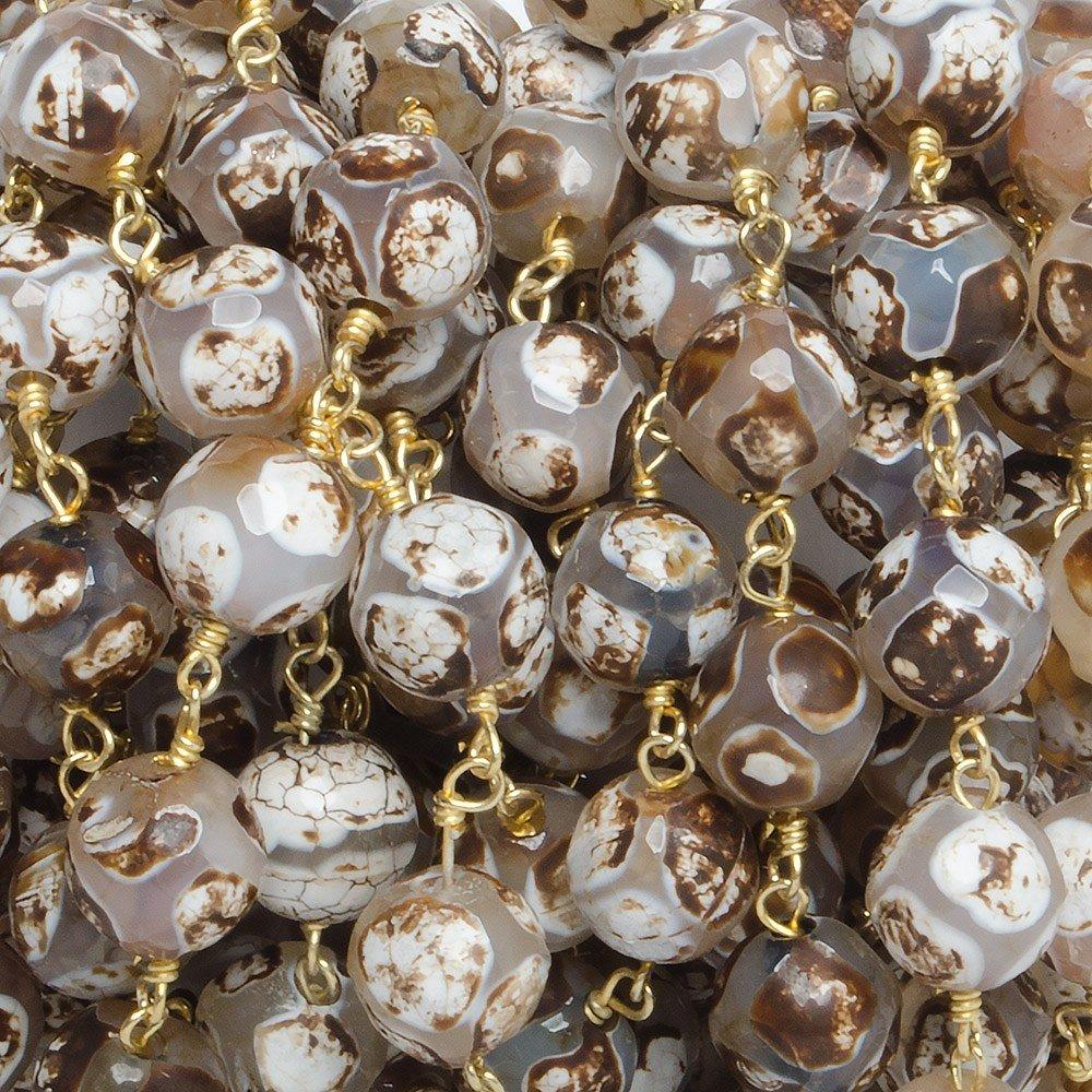 8mm Brown Honeycomb Tibetan Agate round Gold Chain by the foot with 21 pcs - The Bead Traders