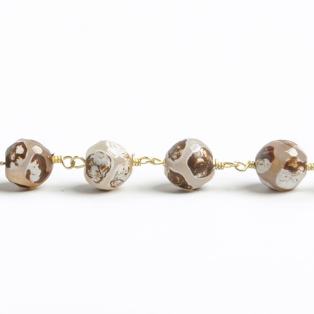 8mm Brown Honeycomb Tibetan Agate round Gold Chain by the foot with 21 pcs - The Bead Traders