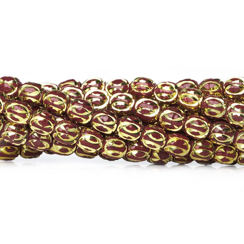 8mm Burgundy Enamel Elliptical Diamond Cut Brass Rounds Beads, 8 inch - The Bead Traders