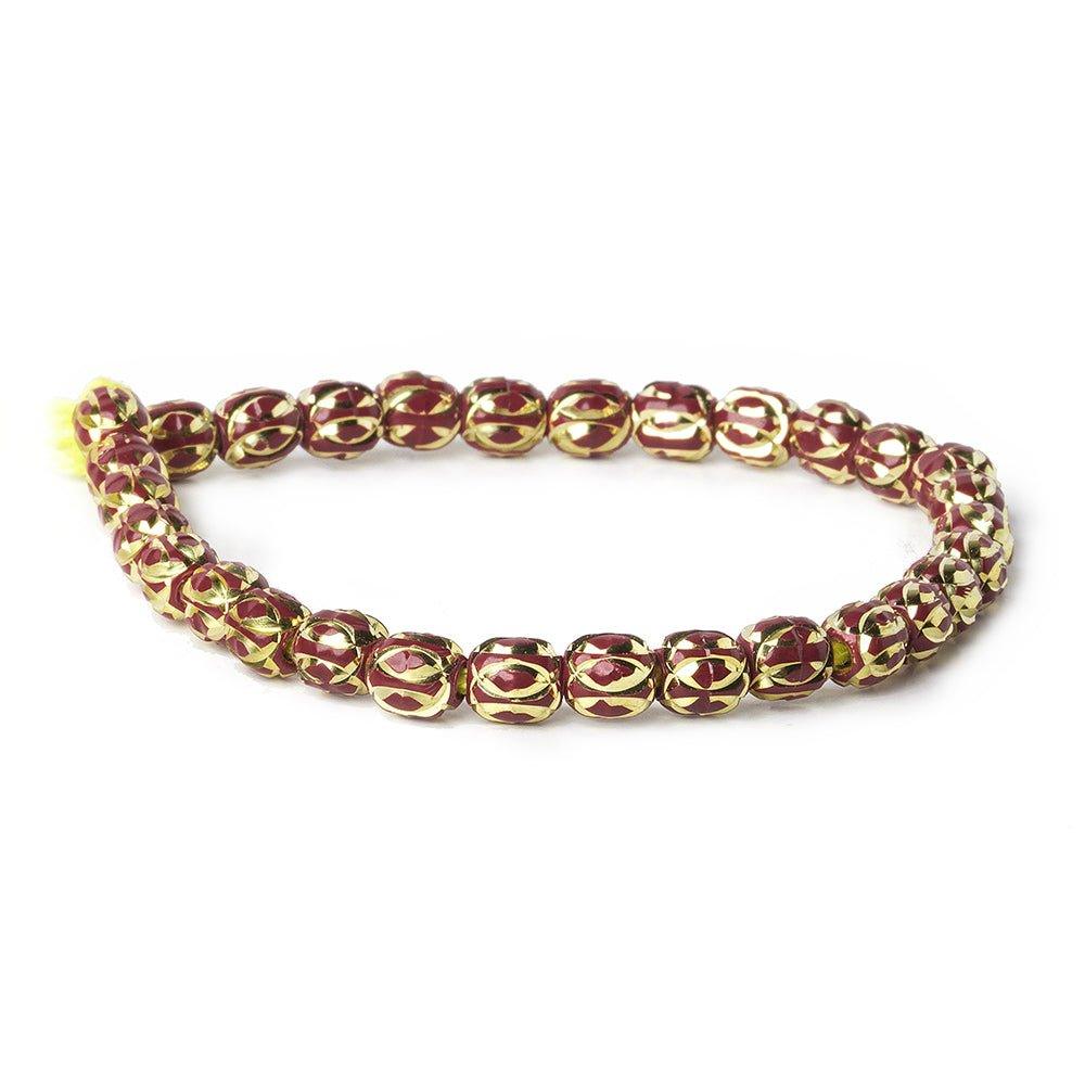 8mm Burgundy Enamel Elliptical Diamond Cut Brass Rounds Beads, 8 inch - The Bead Traders