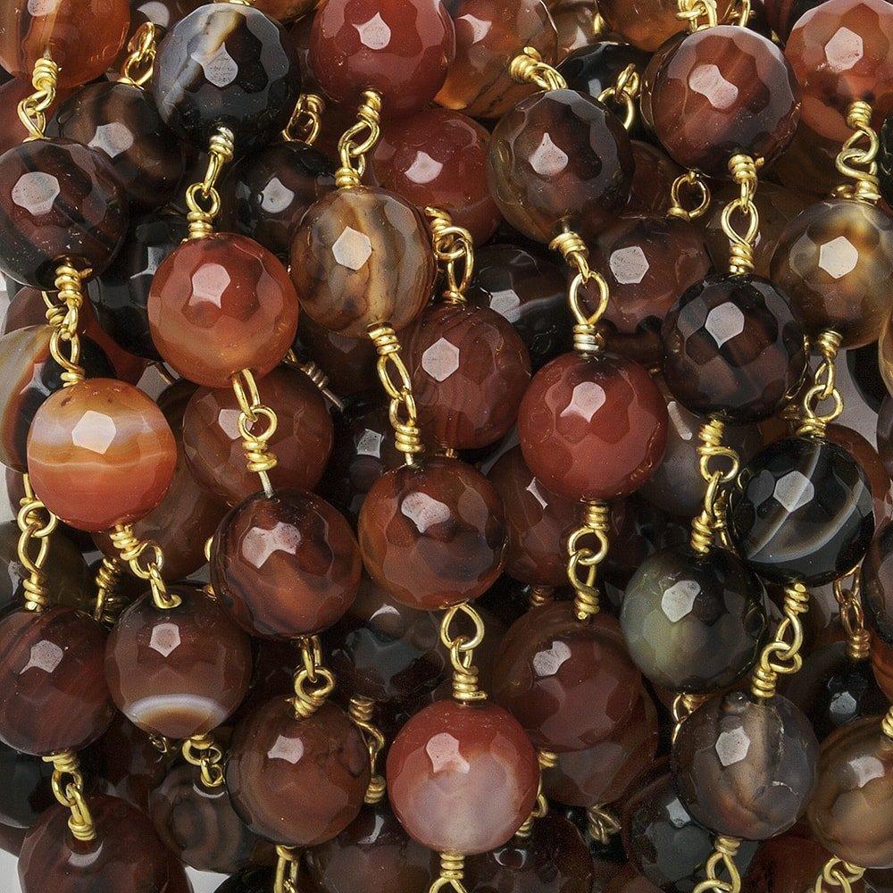 8mm Burnt Orange Banded Agate faceted round Gold Chain by the foot 21 beads - The Bead Traders