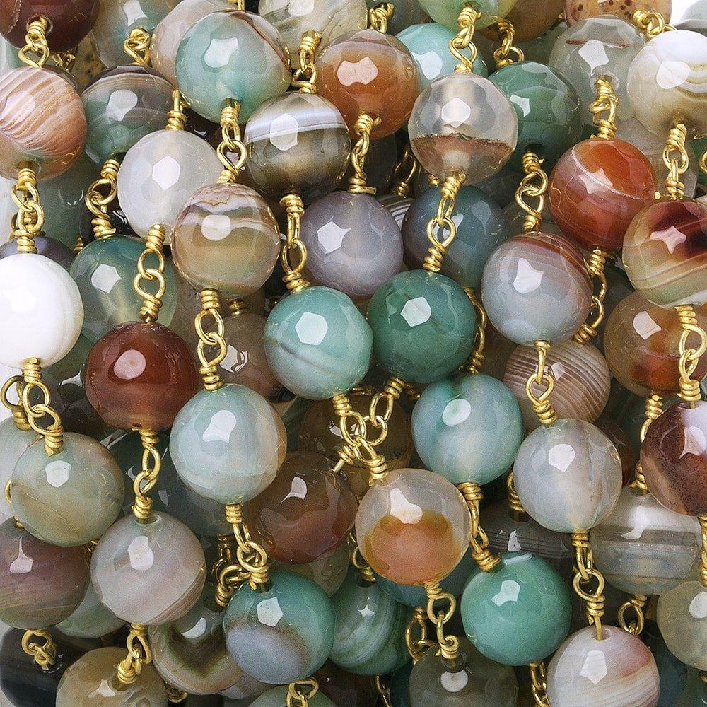 8mm Burnt Orange & Green Banded Agate faceted round Gold Chain by the foot 21 beads - The Bead Traders
