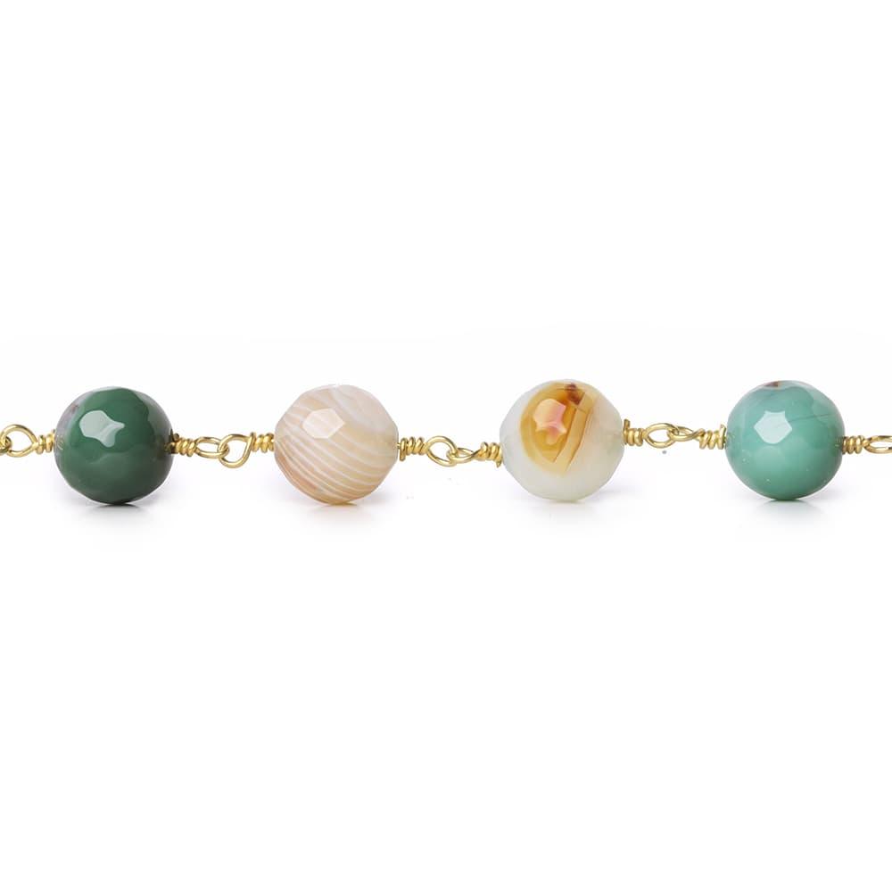 8mm Burnt Orange & Green Banded Agate faceted round Gold Chain by the foot 21 beads - The Bead Traders