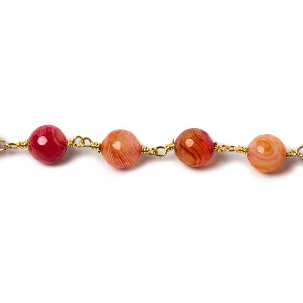 8mm Candy Red Banded Agate Rounds Gold plated Chain by the foot 21 pcs - The Bead Traders